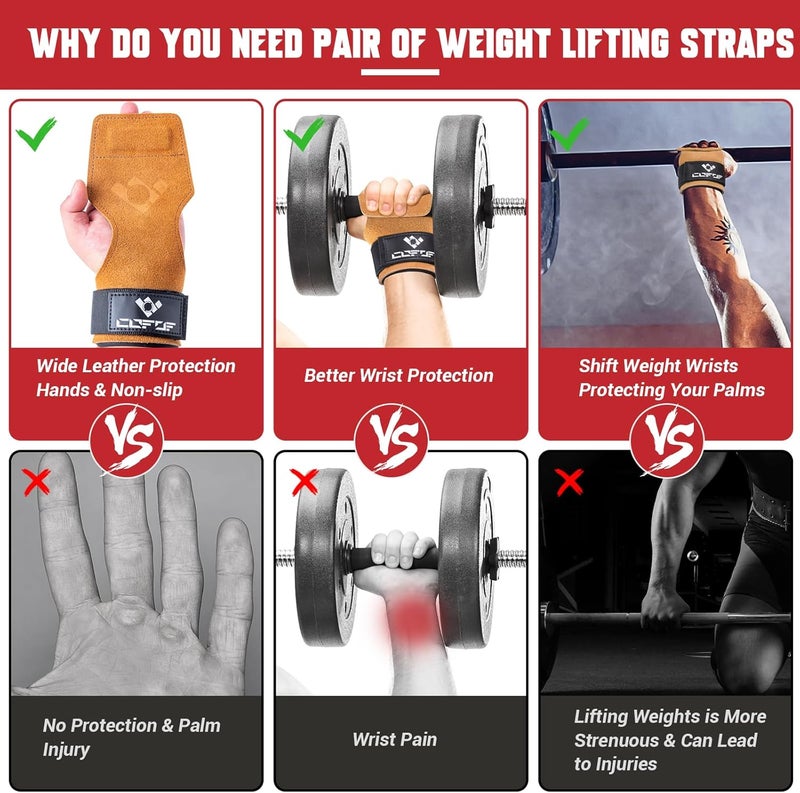 COFOF Weight Lifting Wrist Strap, Double Layer Leather Wrist Strap for Deadlift and Powerlifting, Adjustable Neoprene Padded Gym Workout Lifting Hooks (Pair) - Image 4